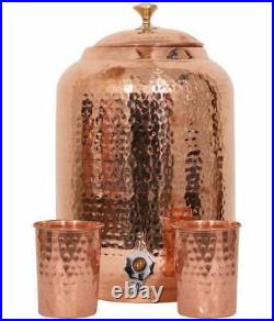 100% Pure Copper Dispenser Handmade Water Pitcher Pot 16L With 2 Serving Glass