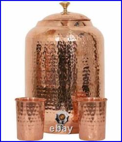 100% Pure Copper Dispenser Handmade Water Pitcher Pot 16L With 2 Serving Glass