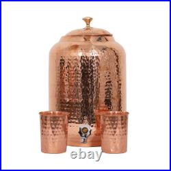 100% Pure Copper Dispenser Handmade Water Pitcher Pot 8L With 2 Serving Glass