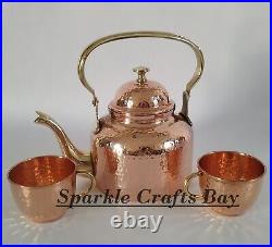 100% Pure Copper Tea Pot With 2 Copper Serving Tea Cups Set, 500 ML Tea Pot