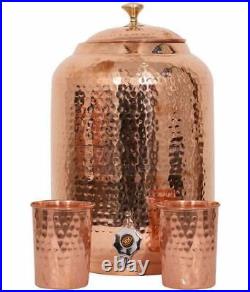 100% Pure Copper Water Dispenser (Matka) Hammered Container Pot 12L With 2 Glass