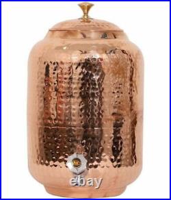 100% Pure Copper Water Dispenser (Matka) Hammered Container Pot 12L With 2 Glass