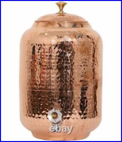100% Pure Copper Water Dispenser (Matka) Hammered Container Pot 8L With 2 Glass