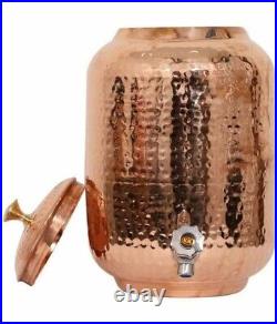 100% Pure copper drinkware water 12 Ltr Dispenser pot Hammered Bottle & 2 Glass