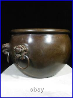 10 old China antique Exquisite carving Pure copper jade Double lion clasp pot