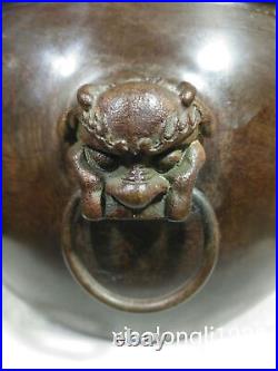 10 old China antique Exquisite carving Pure copper jade Double lion clasp pot