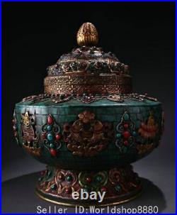 11.2 Old Tibet Pure Copper Inlay Turquoise Gems Auspicious Eight Treasures Pot