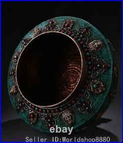 11.2 Old Tibet Pure Copper Inlay Turquoise Gems Auspicious Eight Treasures Pot