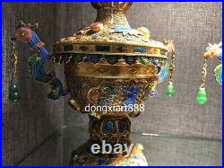 14 Tibet Pure Copper 24K Gold inlay turquoise gemstone phoenix Vase pot