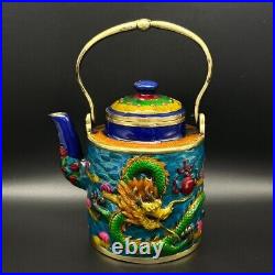 16cm Collect Exquisite Pure copper Cloisonne carve vivid dragon portable tea pot