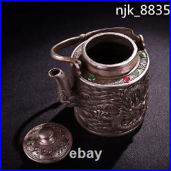 4.8 Old Chinese Pure copper Gilt silver Inlay gemstone Alcohol pot