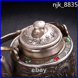 4.8 Old Chinese Pure copper Gilt silver Inlay gemstone Alcohol pot