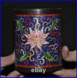 4.8 Qianlong Marked Copper Cloisonne Flower Blue Pen Container Brush Pot