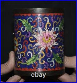 4.8 Qianlong Marked Copper Cloisonne Flower Blue Pen Container Brush Pot