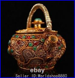 4 Old China Pure Copper Filigree Inlay Gems Fengshui Flower Pattern Teapot Pot