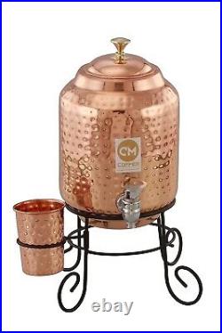 5 Litre Hammered Copper Water Dispenser Container Pot with 1 Coper Glass & Stand