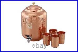 5 Litre Hammered Copper Water Dispenser (Matka) Container Pot with 4 Pure Copper