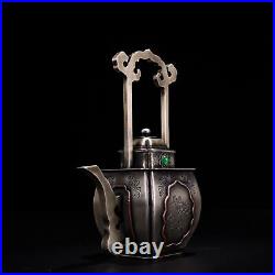 6.69 Chian Antique Pure copper Inlay gemstone Handle wine pot A handful Teapots