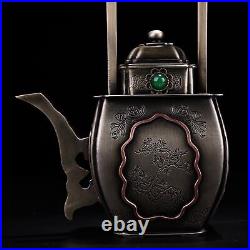 6.69 Chian Antique Pure copper Inlay gemstone Handle wine pot A handful Teapots