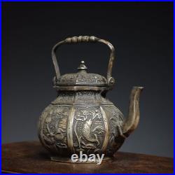7.2 Chinese Buddhism Pure copper Gilt silver Fine carving six edge pot