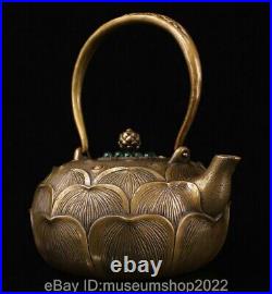 7.6 Ancinet Chinese Pure Copper Inlay Gems Fengshui Lotus Flower Teapot Pot