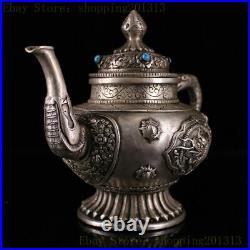 7.87China Pure copper silvering carved Dragon pattern inlay gem wine pot teapot