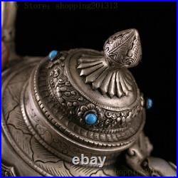 7.87China Pure copper silvering carved Dragon pattern inlay gem wine pot teapot