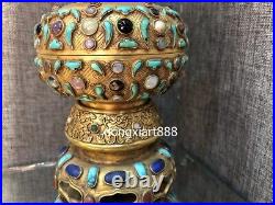 7 Tibetan Pure Copper 24K Gold inlay turquoise gemstone crock Vase Pot jar jug