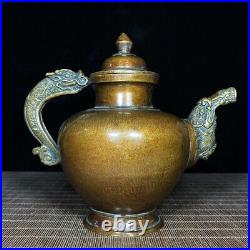 8.2 old China antique Fine carving Pure copper Dragon handle pot