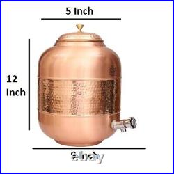 8 Ltr Pure Copper drinkware Water Dispenser Hammered Finish- Pot, bottle & glass