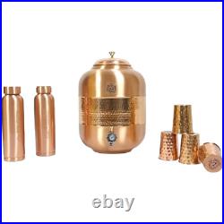 8 Ltr Pure Copper drinkware Water Dispenser Hammered Finish- Pot, bottle & glass