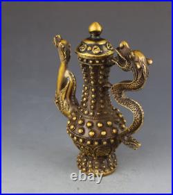 8 Treasure Asia China Pure copper Dragon handle Faucet Wine pot