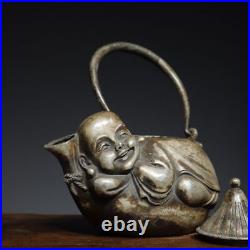 9.2 Chinese Buddhism Pure copper Gilt silver Fine carving Boy pot