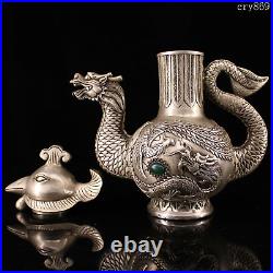 9.2collection old antique Tibet Pure copper Inlaid with gems Dragon Phoenix pot
