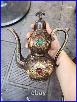 Antique pure copper gilded gourd pot inlaid with agate gourd wine pot