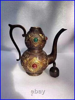 Antique pure copper gilded gourd pot inlaid with agate gourd wine pot