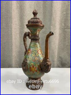 China Royal Palace Old Pure Copper Cloisonne Enamel Dragon Flagon Wine Pot