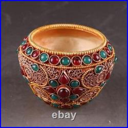 China antique pure copper hand made gilt inlay gem jar pot bowl
