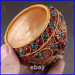 China antique pure copper hand made gilt inlay gem jar pot bowl