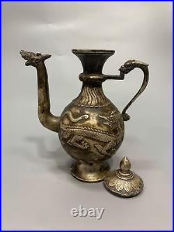 Chinese Antique Pure Copper Gilt Silver Dragon Pot Statue