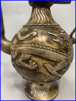 Chinese Antique Pure Copper Gilt Silver Dragon Pot Statue