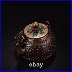 Chinese Folk Collection Handmade Pure Copper Inlaid Gemstone Tea Pot