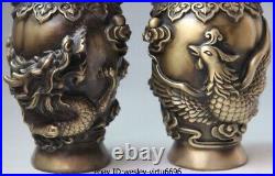 Chinese Palace Pure Bronze Copper Auspicious Dragon Phoenix Pot Bottle Vase Pair