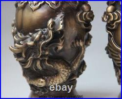 Chinese Palace Pure Bronze Copper Auspicious Dragon Phoenix Pot Bottle Vase Pair