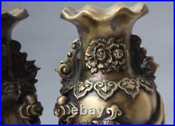 Chinese Palace Pure Bronze Copper Auspicious Dragon Phoenix Pot Bottle Vase Pair