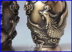 Chinese Palace Pure Bronze Copper Auspicious Dragon Phoenix Pot Bottle Vase Pair