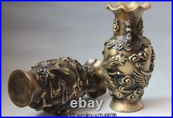 Chinese Palace Pure Bronze Copper Auspicious Dragon Phoenix Pot Bottle Vase Pair