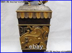 Chinese Pure Bronze Copper 24K Gold Silver-Gilt Foo Dog Lion Beast Face Vase Pot