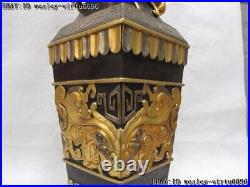 Chinese Pure Bronze Copper 24K Gold Silver-Gilt Foo Dog Lion Beast Face Vase Pot