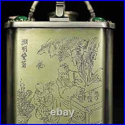 Chinese Pure Copper Carved Figure Story Square Handle Teapot Wine Pot 17981